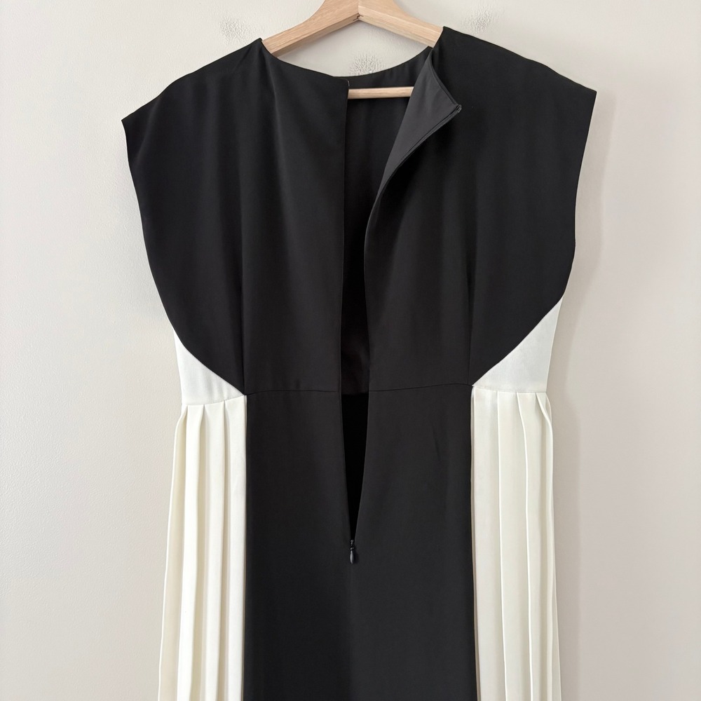 Karen Millen Dress Petite Contrast Pleated Panel Skirt Midi 8 Black Ivory Mono - Picture 7 of 16